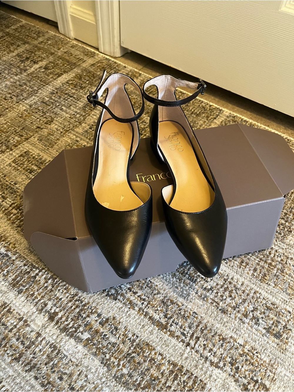 New Franco Sarto Leather Black Pointed Toe D’Orsay Ankle Strap Flats